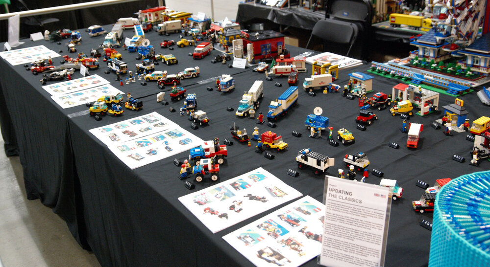My table at Brickworld Chicago 2015, showcasing my “updating the classics” project.