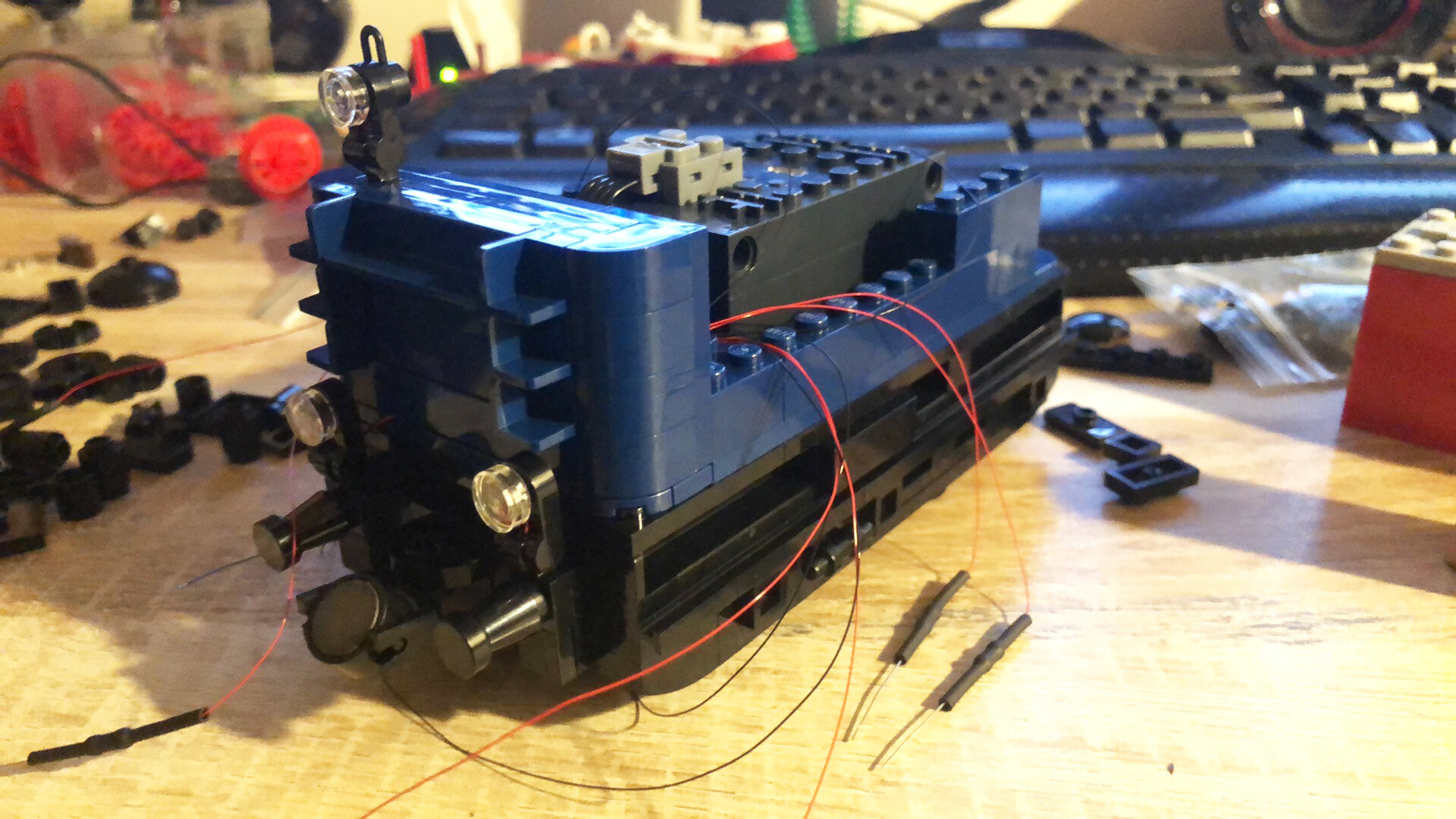  Working on the tender, you can see the led wires. The sides of the tender ended up more SNOT build in the final version. 