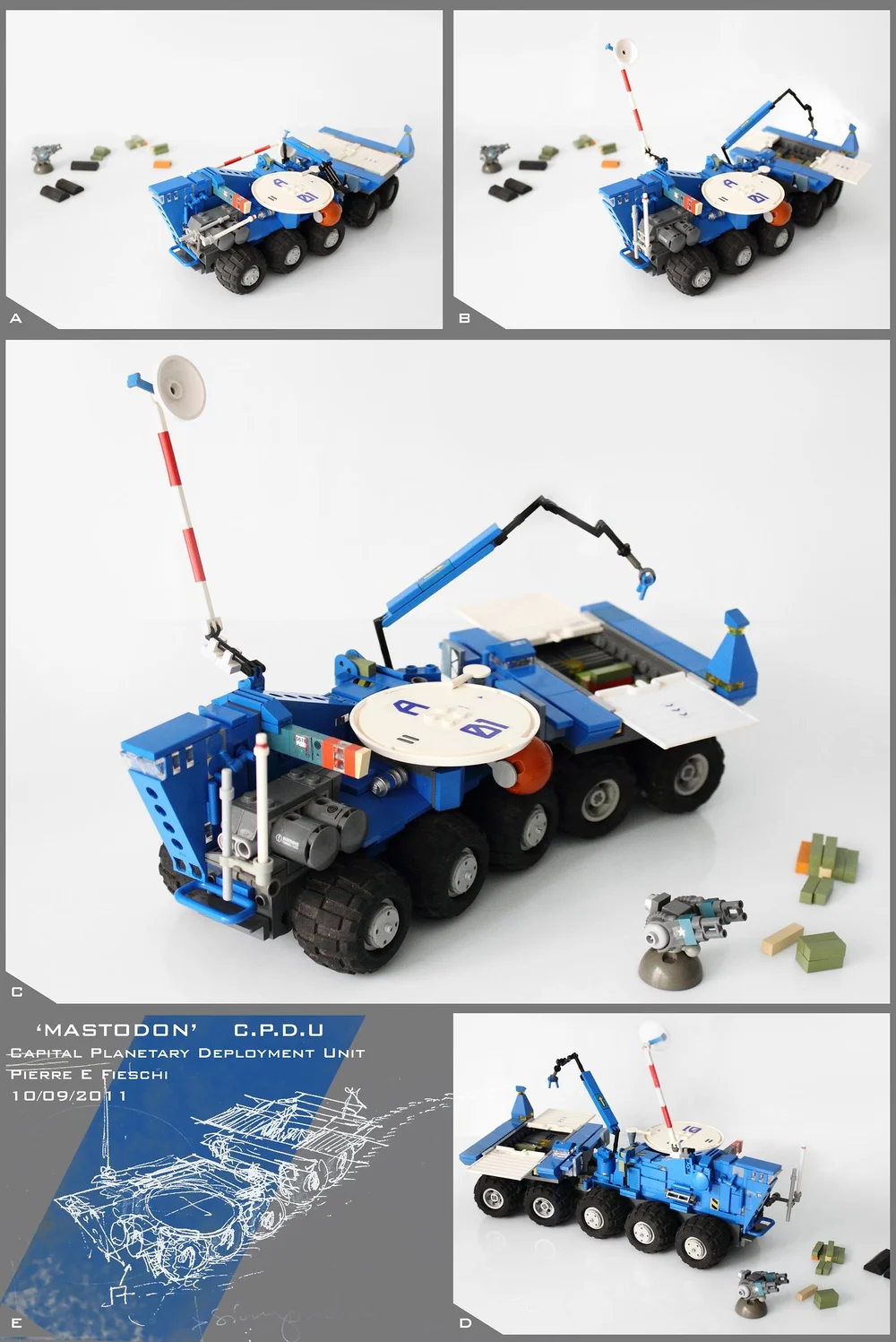  The front of this rover is a slope used to attachs roofs in the LEGO Fabuland theme. We can also spot a white X-POD lid and some old white garage doors. This is a great example of how you can give new life to old elements. 