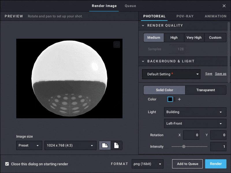 Brickset Studio Lighting Rendering Options