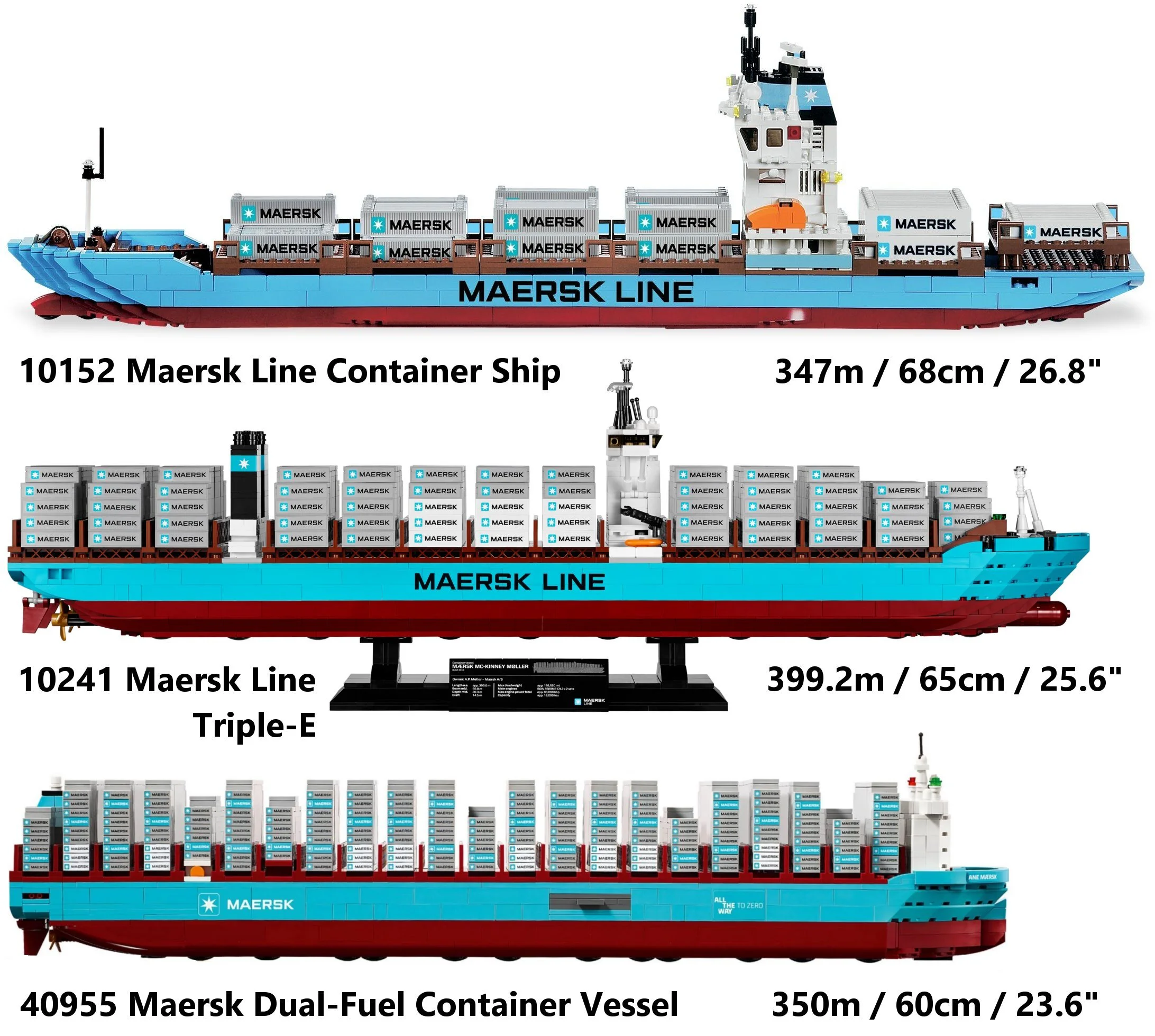 The sizes of the three large LEGO Maersk container ships compared.