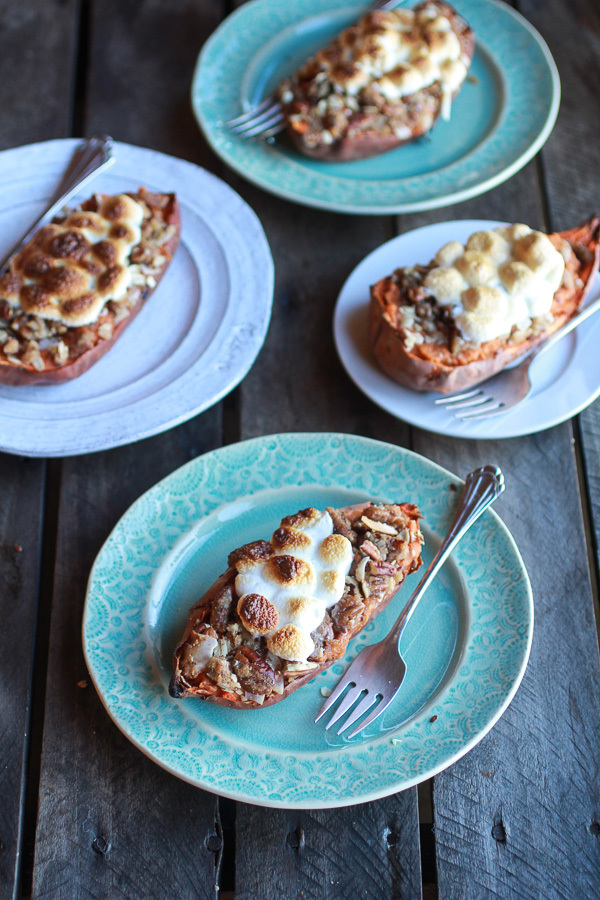 Sweet Potato Casserole Boats with Pecan Flax Crumble