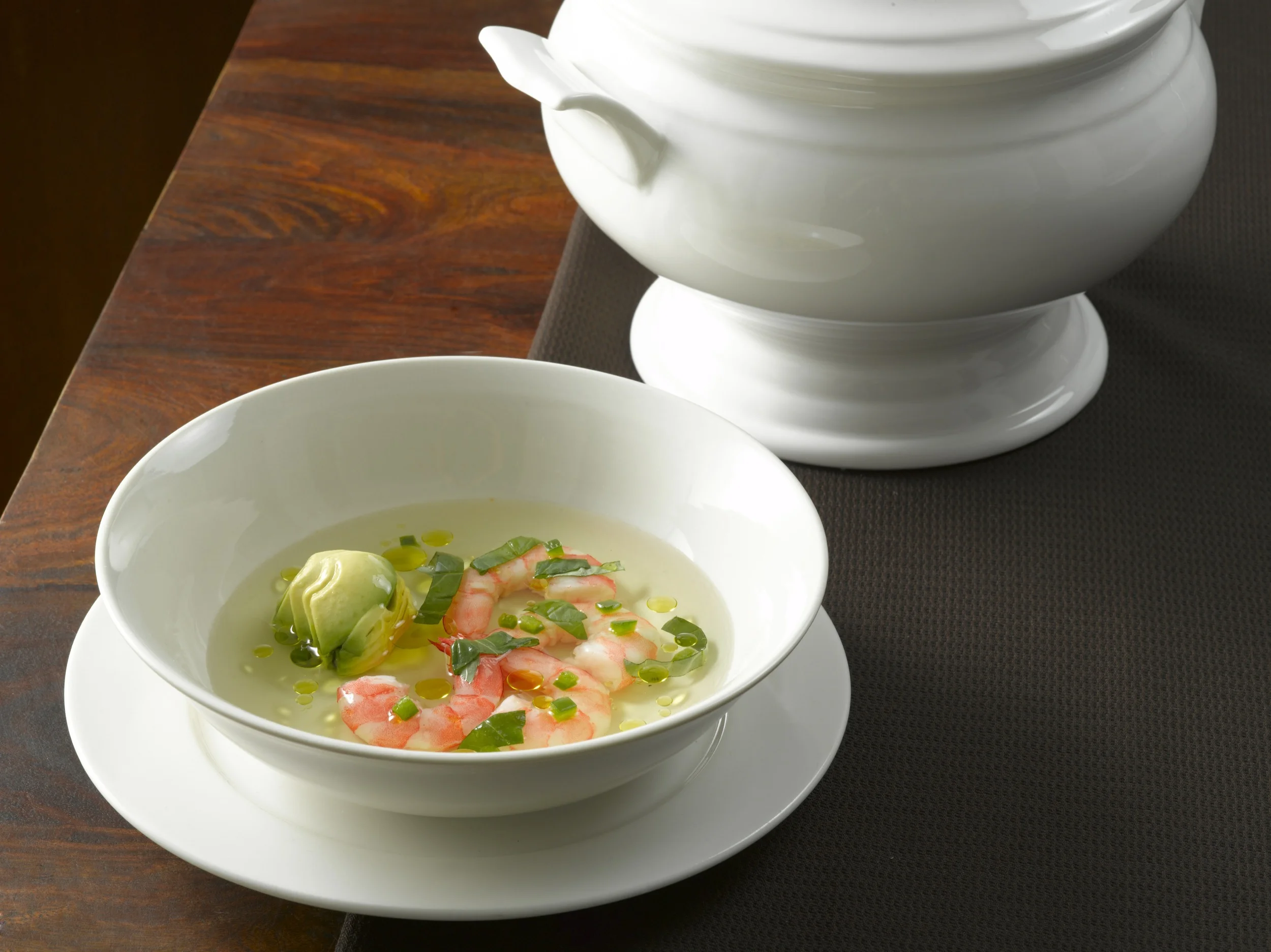 Tomato Consommé with Basil and Lemongrass : A light-bodied and pure blend of simple flavors, at once sweet and acidic.