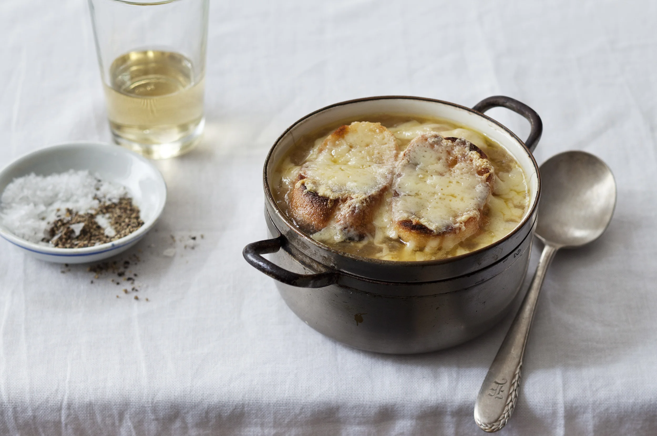French Onion Soup with Roasted Bone Marrow: French onion soup with gruyere livened up with the unctuous, indulgent flavour of roasted bone marrow.