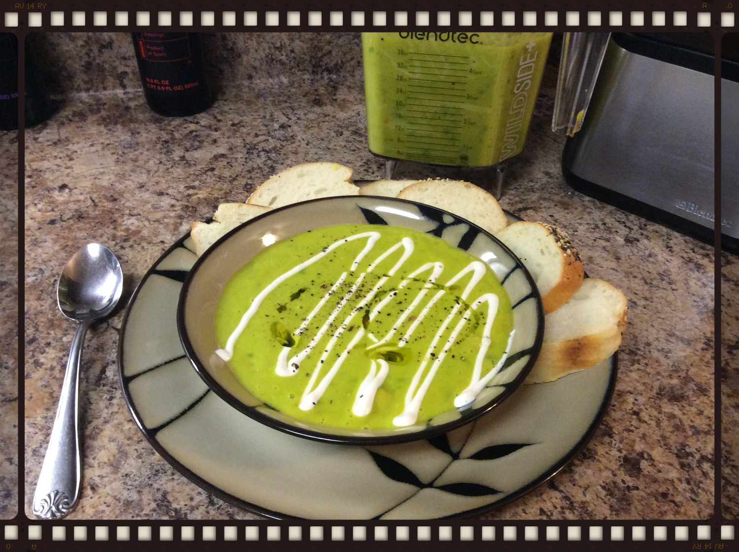 Green Pea Soup with Cashew Cream topping made in the Blendtec Designer 725
