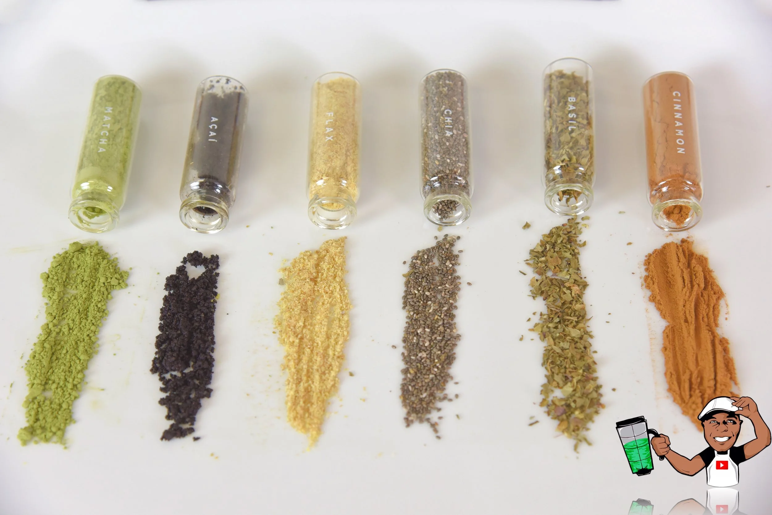 Matcha acai Flaxseed chia basil cinnamon
