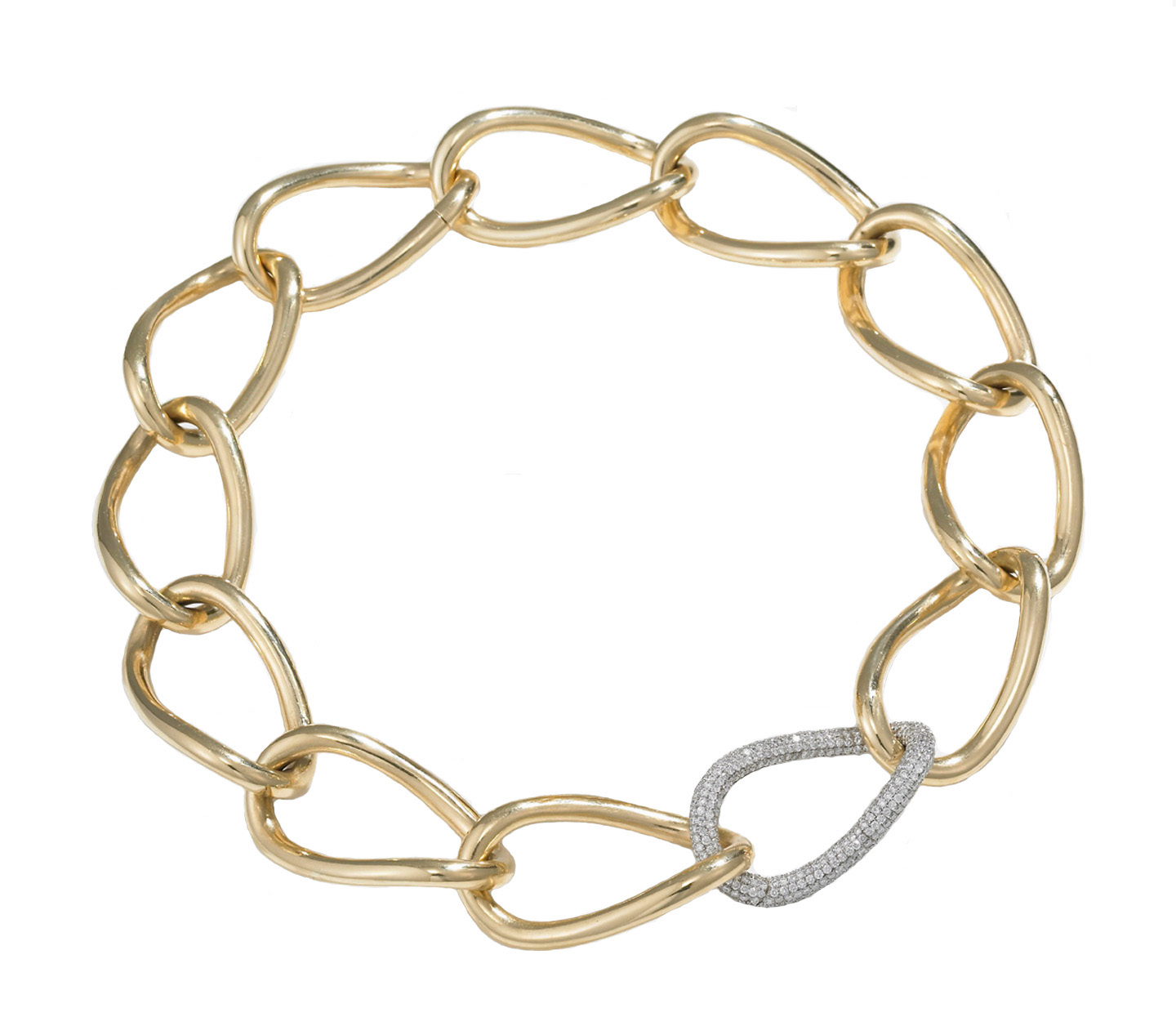  A pair of the 18KT yellow gold "Posh"&nbsp; bracelets &nbsp;from the Meriwether Retro-Redux line can be joined to form the “Posh" necklace. The interchangeable diamond pavé clasp link shown can be purchased separately. From the&nbsp; RETRO REDUX &nb