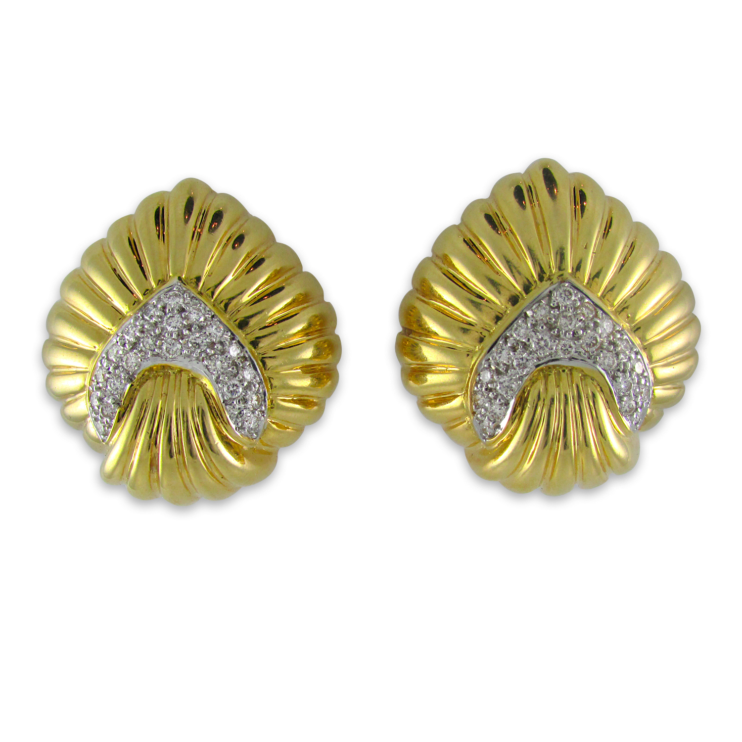 Pave Diamon and Ribbed Yellow Gold Earrings