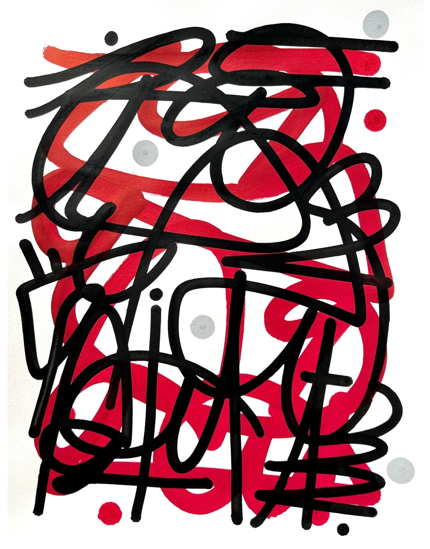 A restless tangle of black lines collides and loops across the page, layered over bursts of red that feel like heat, movement, and pressure all at once. Gray dots hold small moments of pause in the chaos.

Gesture vs control. Noise vs structure.
Lett