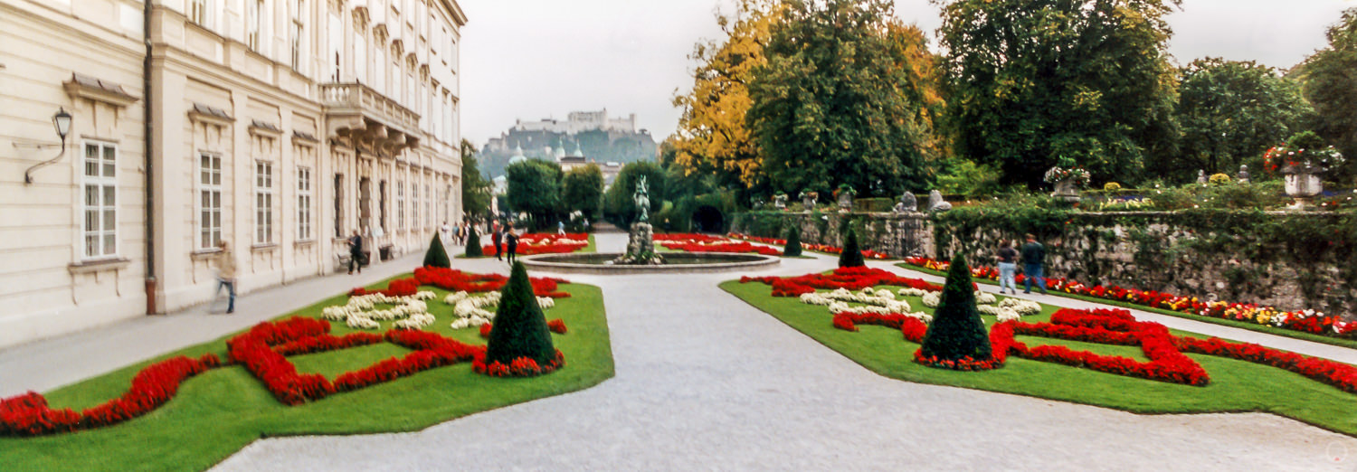 Mirabell Palace & Gardens with Festung Hohensalzburg in the distance.