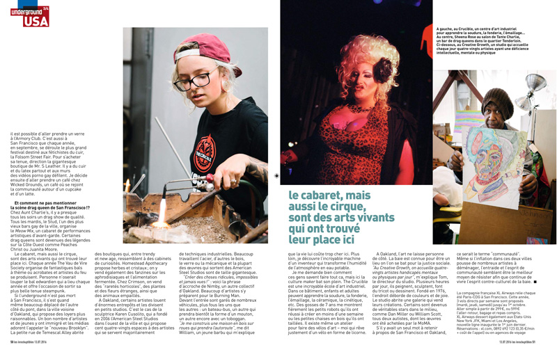 A spread from the article featuring photos taken at the Crucible, Aunt Charlie's Lounge, and Creative Growth in Oakland, California. 
