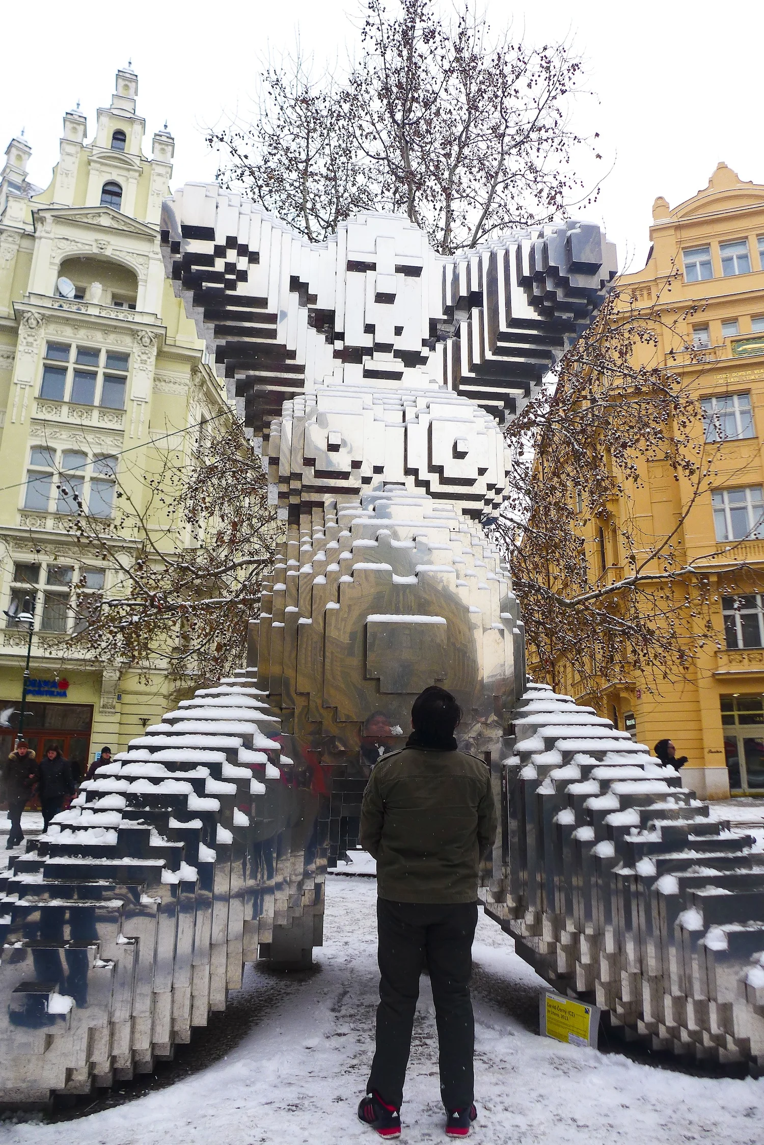 This kneeling naked woman made in stainless steel was such a controversial sight along Dlouhá street. This provocative artwork was made by David Černý and it takes up the center of an intersection near the Old Town Square. What more is that this structure even lets you stick your head up in between the girl's leg!