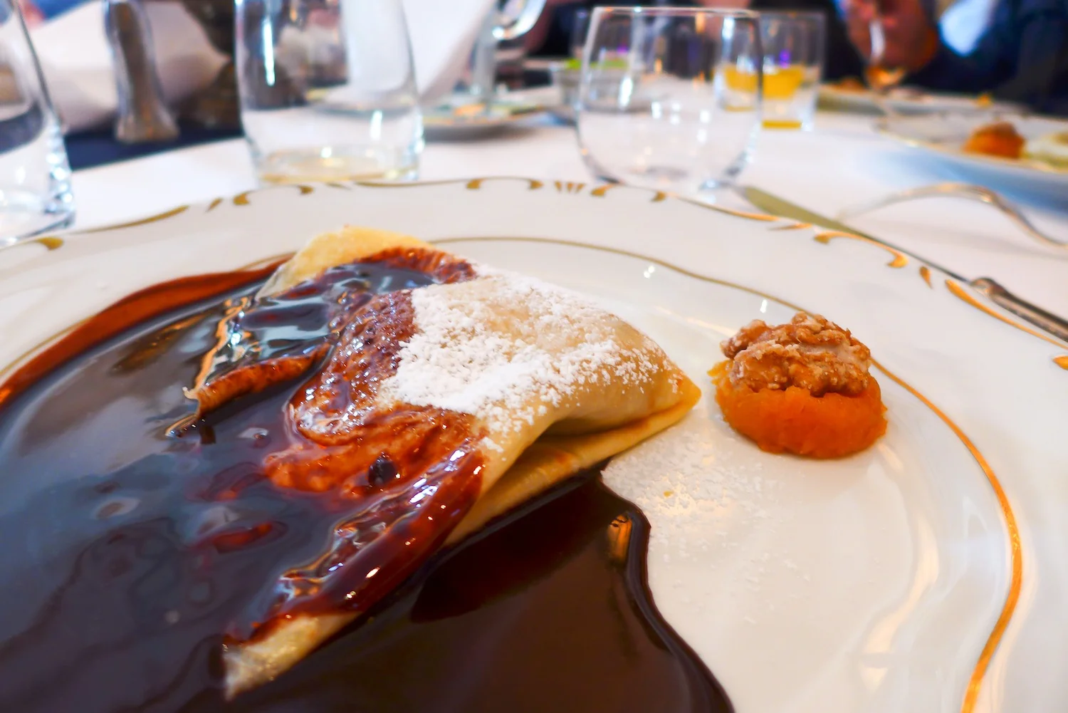 Classic Walnut Crepe with Flaming Dark Chocolate Sauce