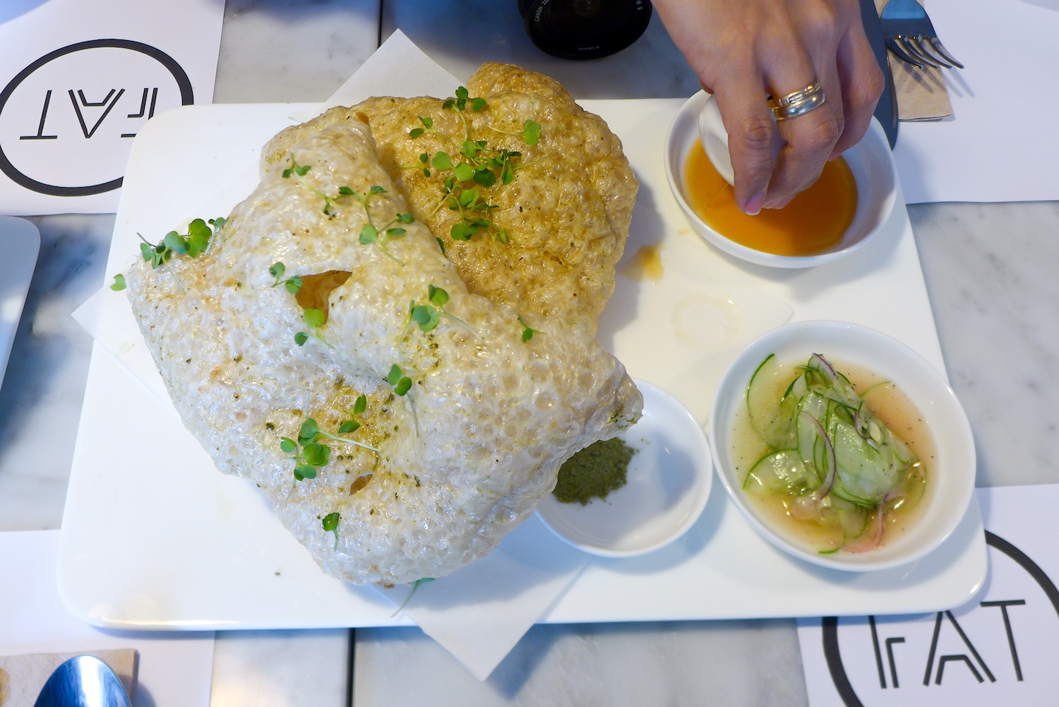 Green Tea Chicharon (Php 190) . My base dish. I literally kept coming back to this dish everytime I try-out the other dishes. Crunchy even after being left in the open for sometime this is one hella dish I recommend to anyone dining here. (House Made Chicharon / Honey Vinegar / Green Tea Salt)