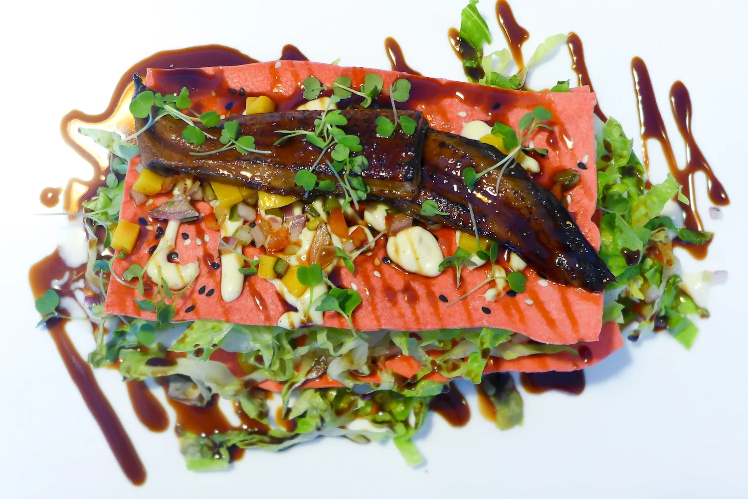 Grilled Unagi Salad ( Php750 ). Though the restaurant revolves around fat-glorifying dishes, it does not mean that there are no healthier but equally filling dishes there. Take this colorful Unagi Salad for example. (Grilled Unagi / Beet Lavash / Mango / Pico de Gallo / Romaine Lettuce / Sesame Dressing / Sour Cream) 