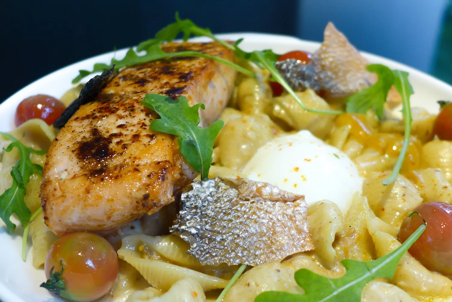 Salmon & Uni Pasta ( Php 780 ). If there is any dish I fell in love with, this is it! I just love the clean taste emanating from this lovely seafood pasta. (Seashell Pasta / Capers / Parmesan / Arugula / 64 Degree Egg / Uni / Sous Vide Salmon / Crispy Salmon Skin)