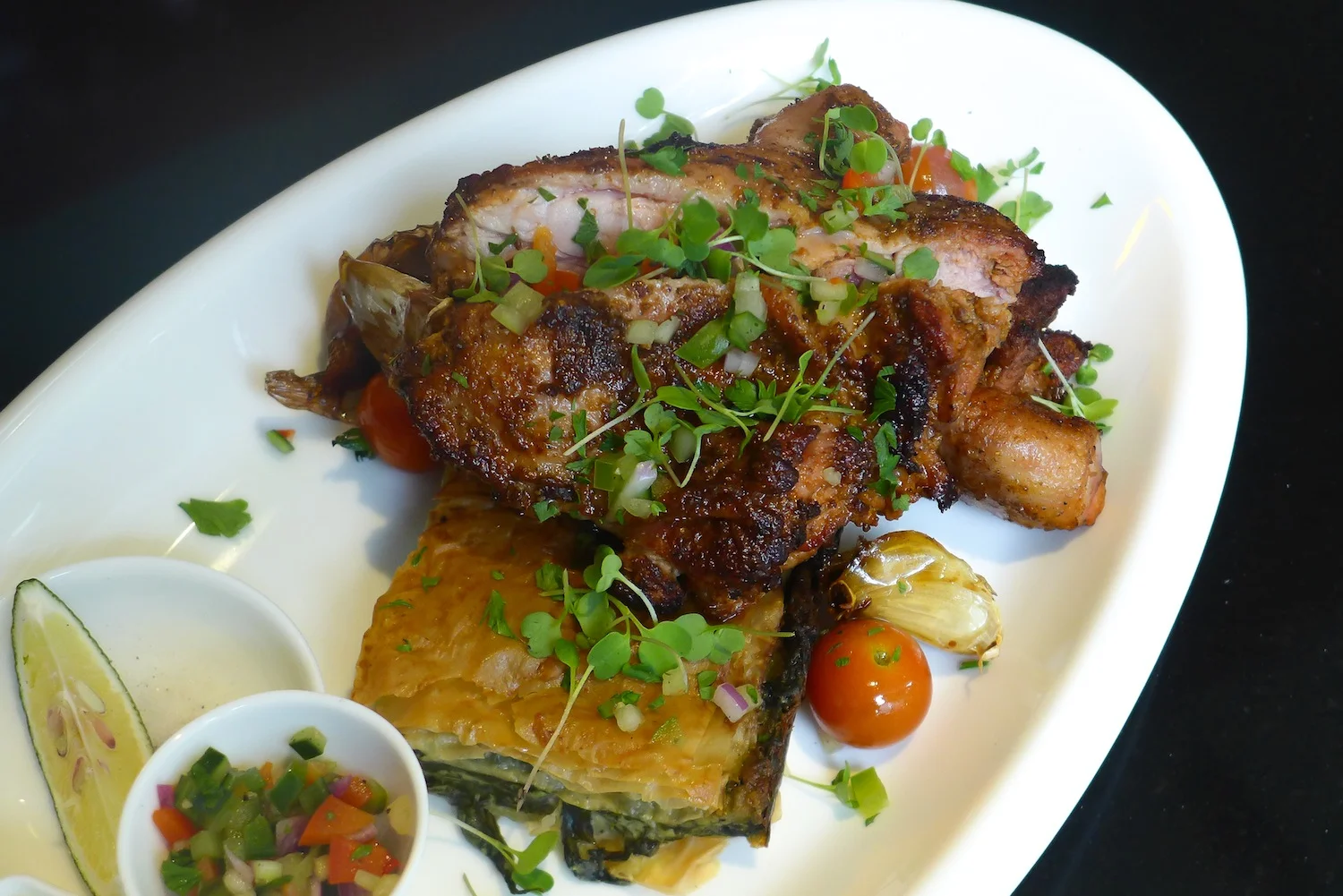 Moroccan Spiced Chicken Fillet ( Php 590 ). The evenly spiced and tender chicken excite my senses me along with the lovely Spanakopita. (Grilled / Spanakopita / Cherry Tomato / Sour Cream / Pico de Gallo)