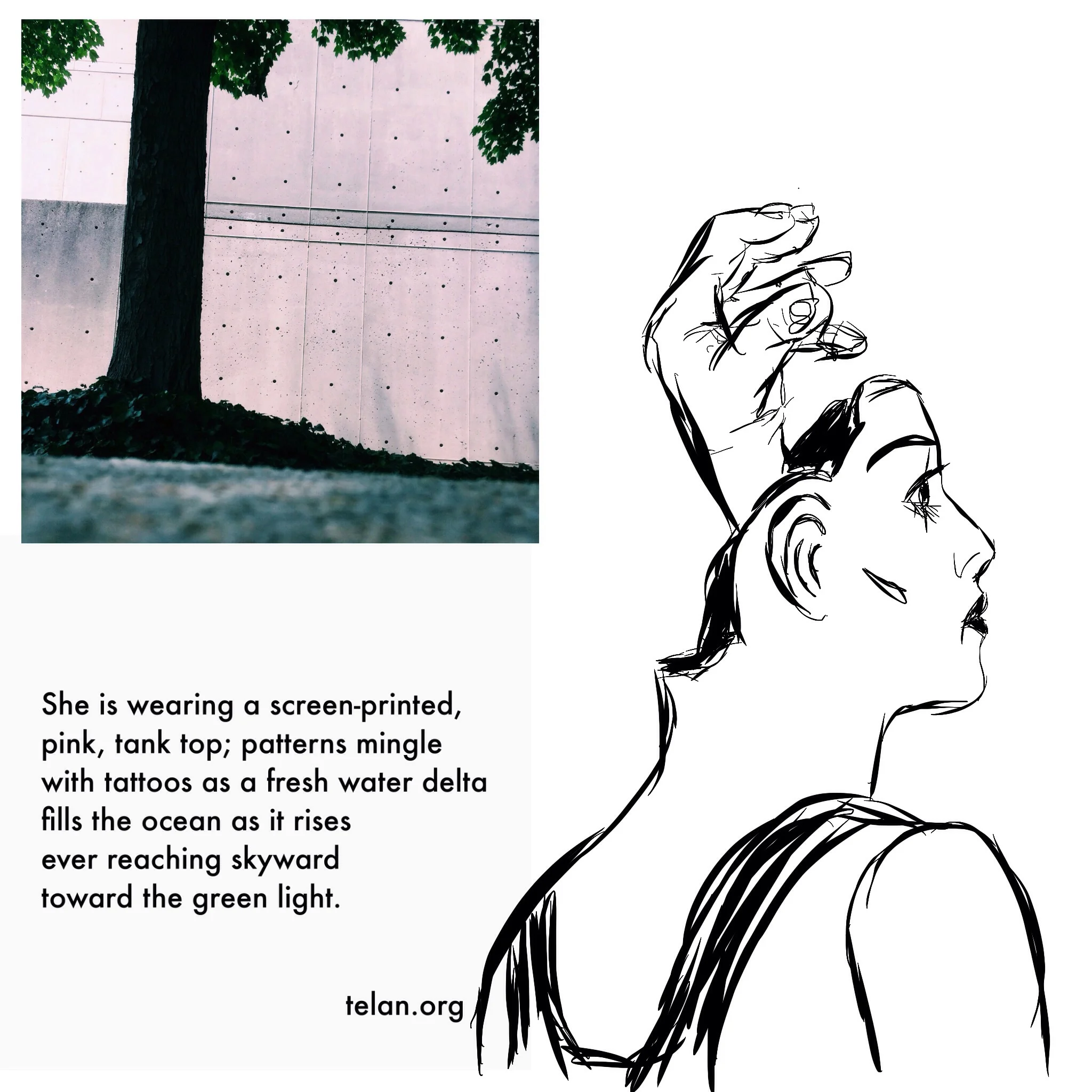 #JawnADay 2014-07-14 She is wearing a screen-printed pink, tank top; patterns mingle with tattoos as a fresh water delta fills the ocean as it rises ever reaching skyward toward the green light.