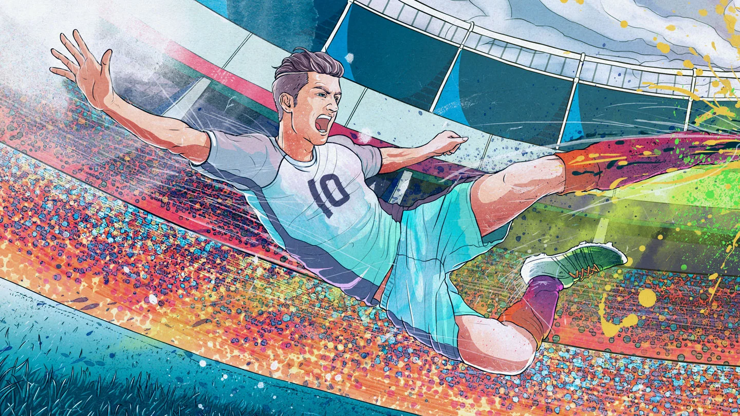Photoshop Creative Magazine issue 141 soccer inspired ink splatter brush illustration artwork by Singapore based brand strategy and creative design consultancy, BÜRO UFHO.