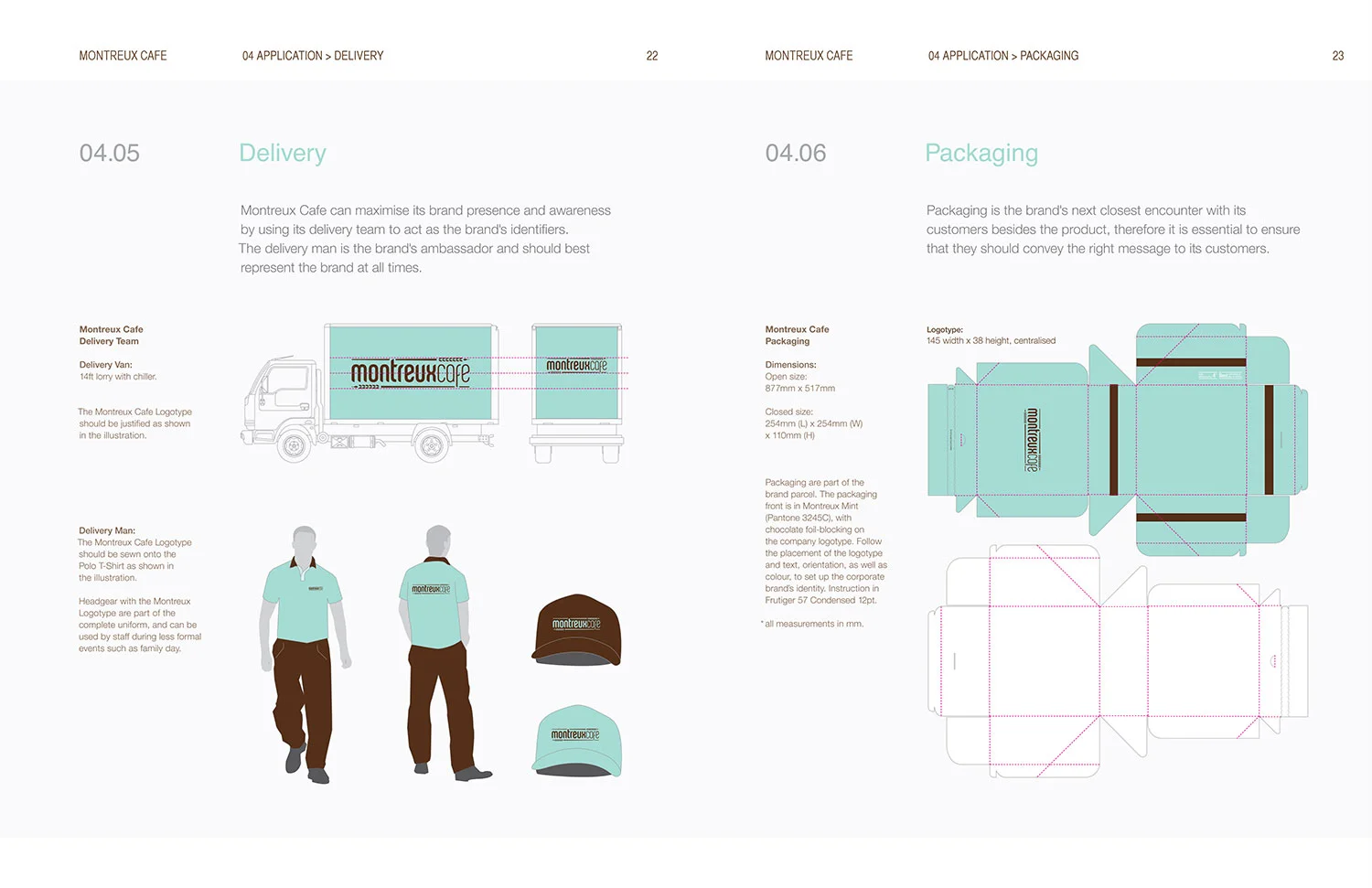 Montreux Café SG branding identity design - Corporate identity guide manual - Delivery and Packaging application guide.