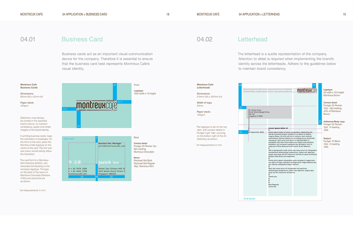 Montreux Café SG branding identity design - Corporate identity guide manual - Business card and letterhead brand identity application.