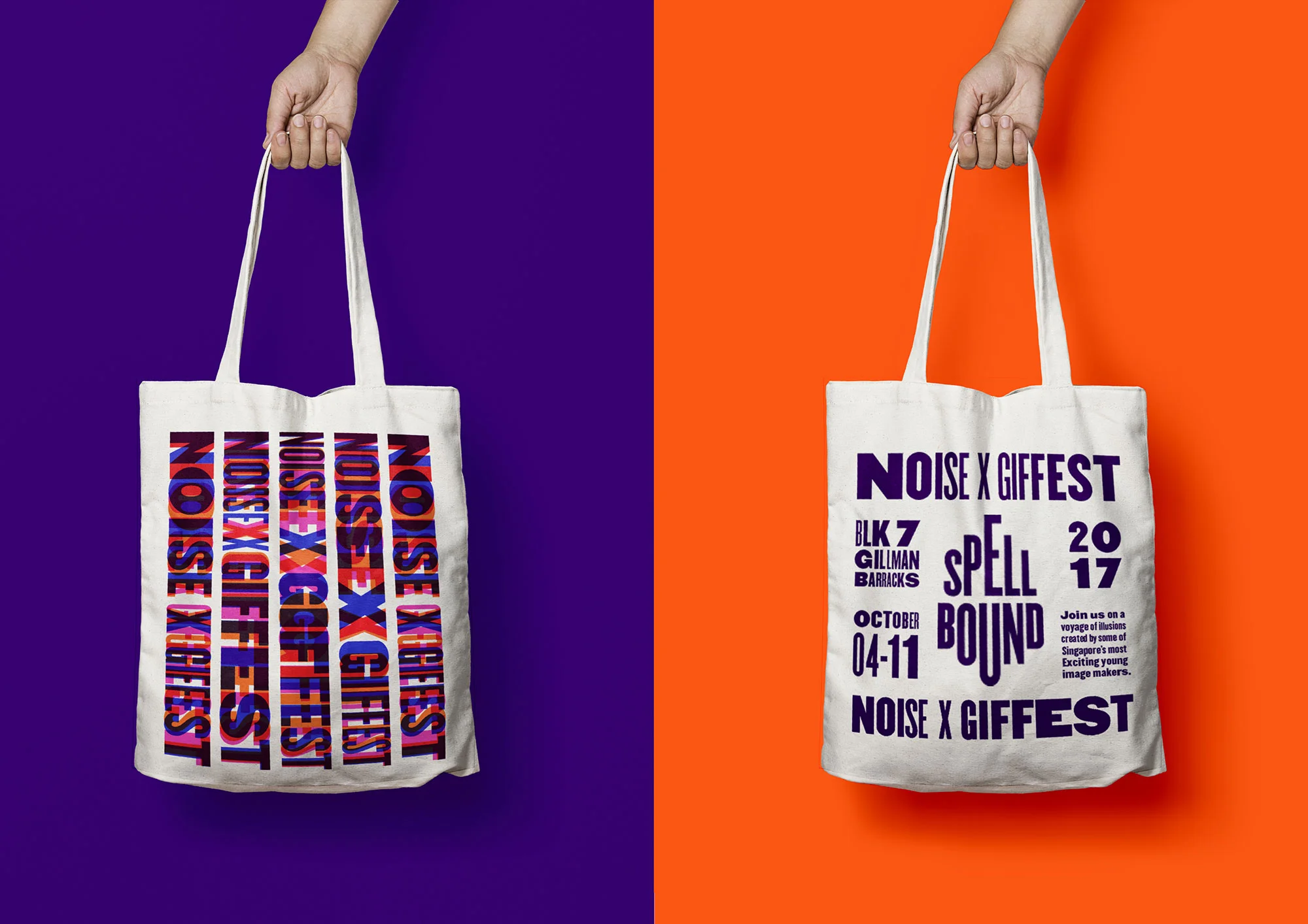 GIF Fest SG festival branding identity - Typographic tote bag design applications.