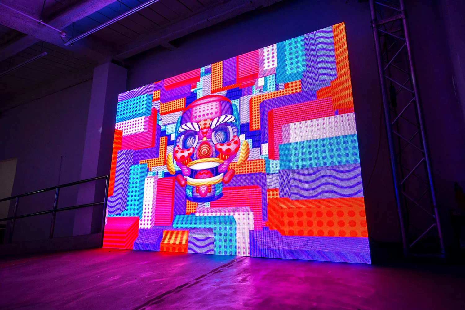 GIF Fest SG festival branding key visual looping animation on LED wall at the exhbition at Gillman Barracks, Singapore. Photography by BÜRO UFHO.