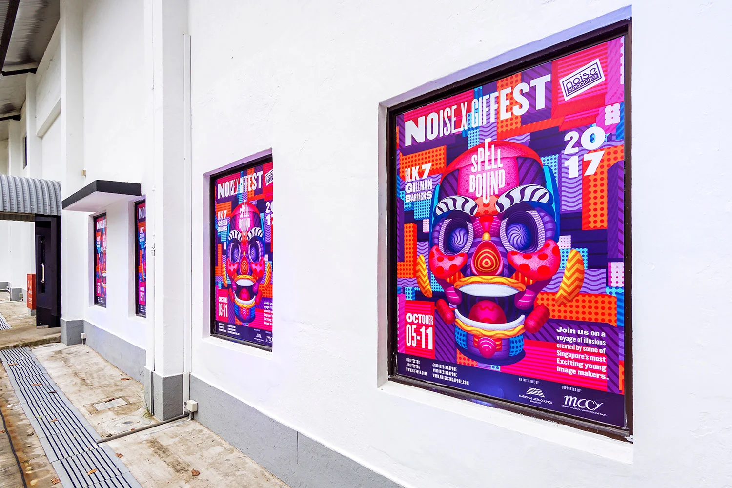 GIF Fest SG branding identity - Exhibition posters on the exterior of the event venue at Gillman Barracks, Singapore. Photography by BÜRO UFHO.