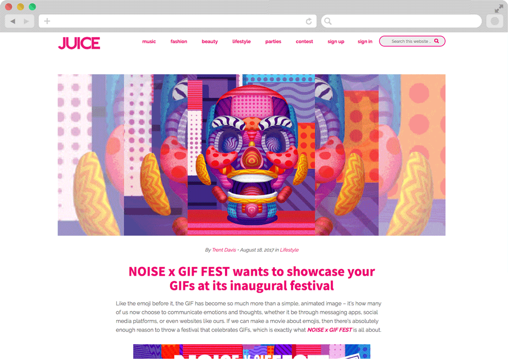 GIF Fest SG branding identity - Press coverage on Today, JUICE magazine, Mashable Asia, The Artling, Verdict, Creative Bloq, Straatosphere, Coconuts SG, honeycombers, Taxi Design, Buro 24/7 Singapore, Discover SG, bandwagon.