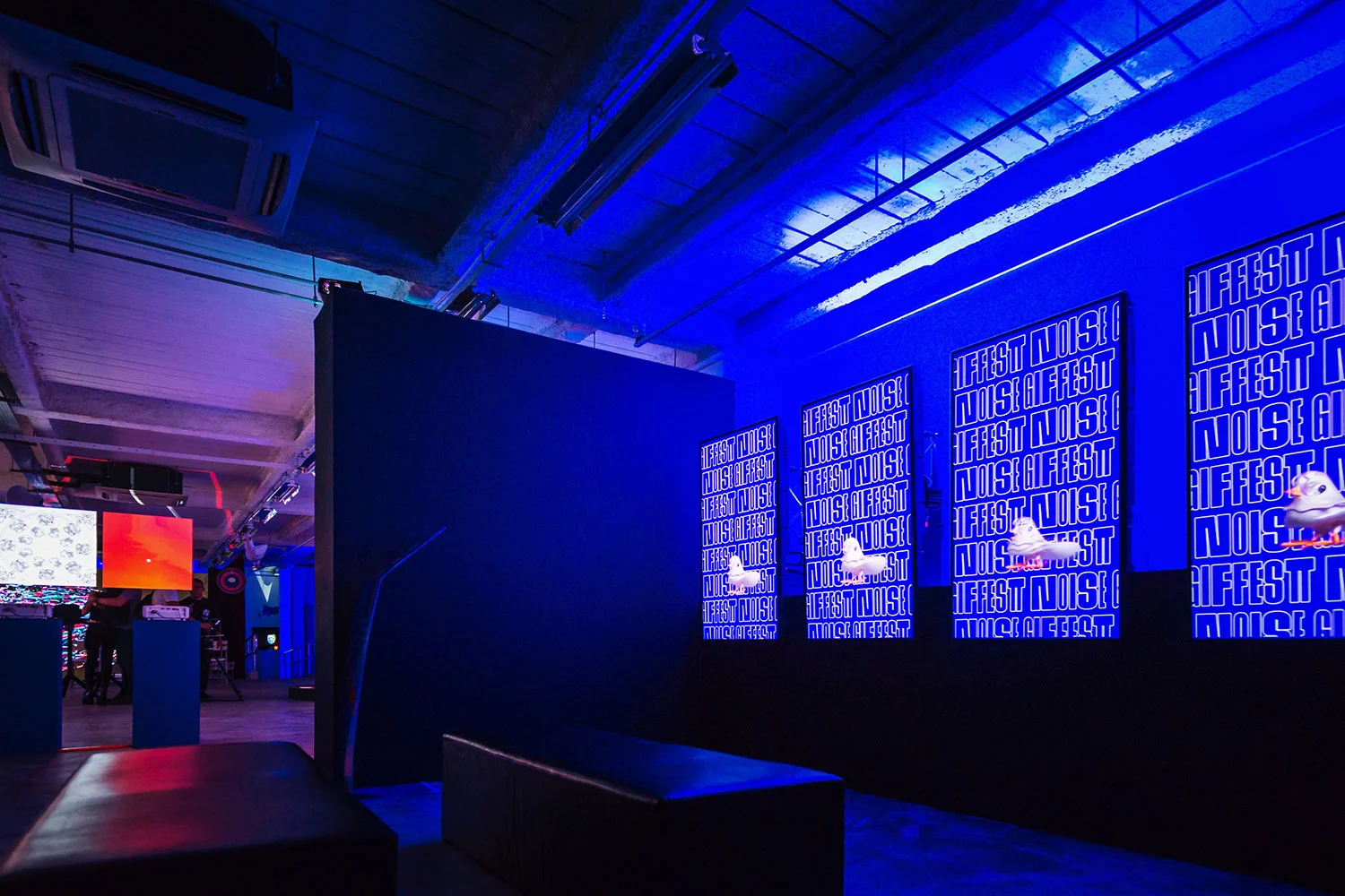 GIF Fest II 2019 festival branding identity - Vertical LED Screens with event teaser animations playing at Gillman Barracks, Singapore. Photography by BÜRO UFHO.