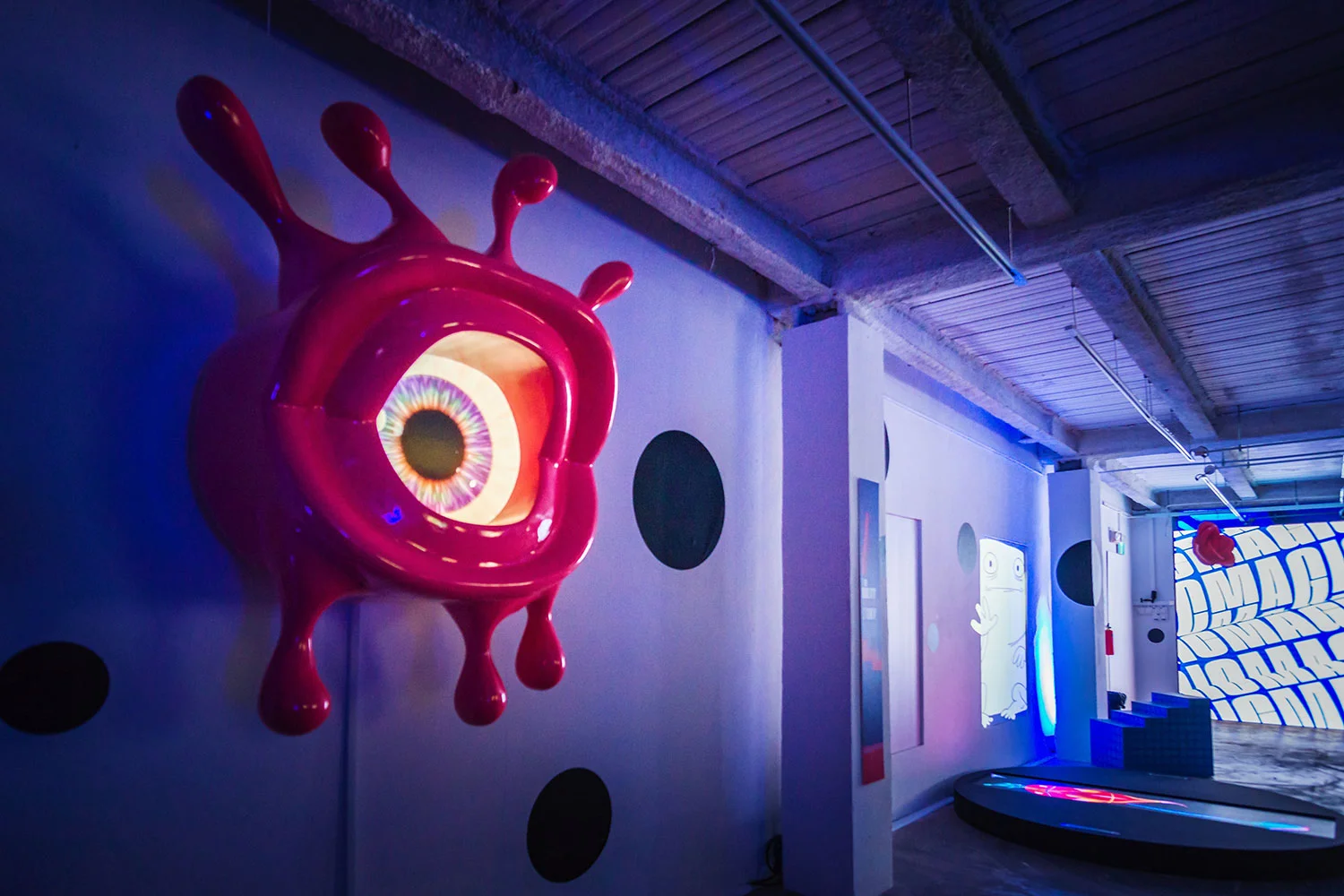 GIF Fest II 2019 branding identity - Looping Eye animation playing on a custom wall installation of the exhibition at Gillman Barracks, Singapore. Photography by BÜRO UFHO.