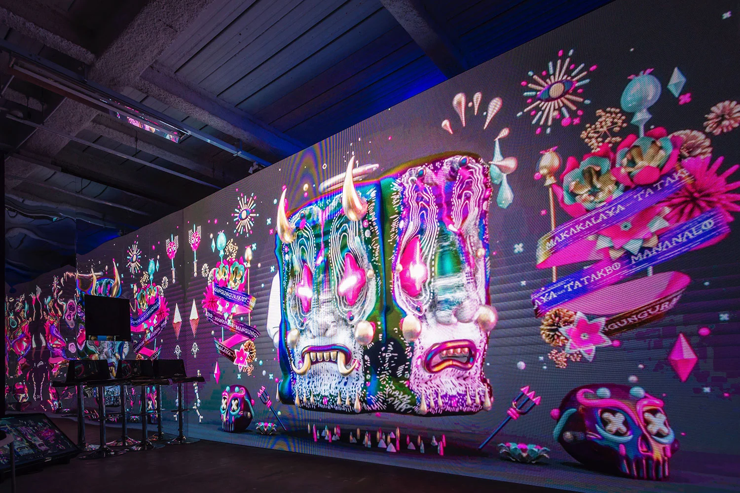 GIF Fest II 2019 branding identity - Featured submission playing on a massive LED wall installation of the exhibition at Gillman Barracks, Singapore. Photography by BÜRO UFHO.