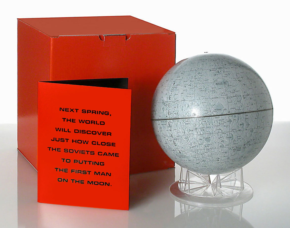  Inside was a globe of the moon, marking the failed secret Soviet landing, and a folder explaining the sponsorship opportunity.  