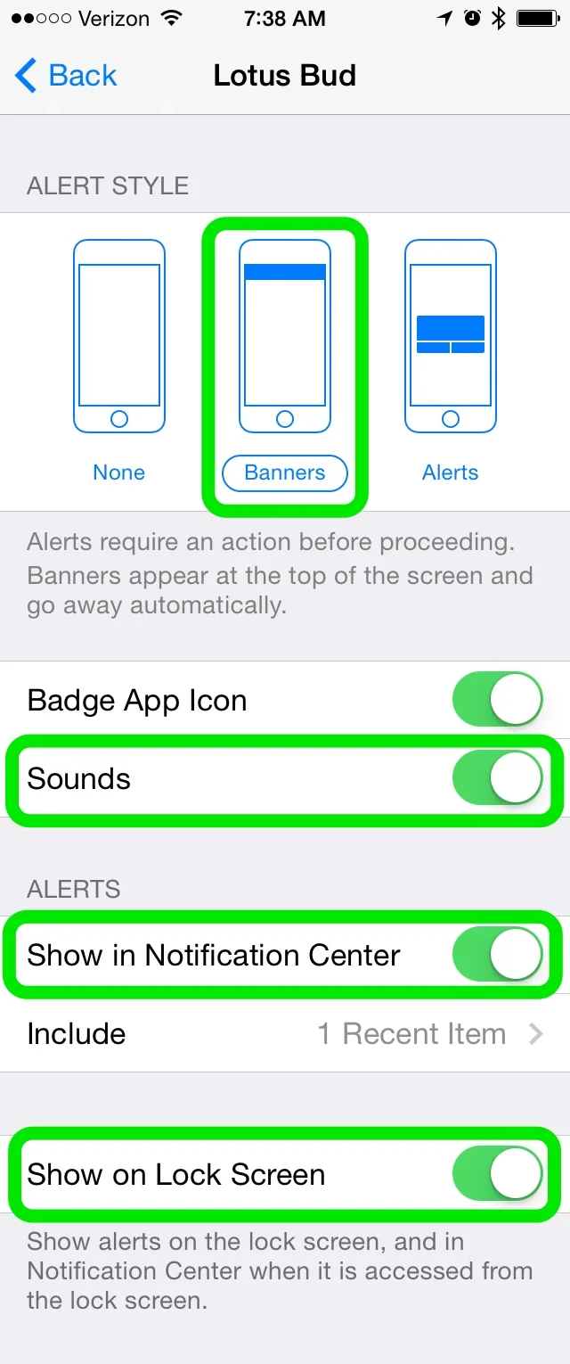 Banners, Sounds, Show in Notification Center and Show on Lock Screen should all be on.