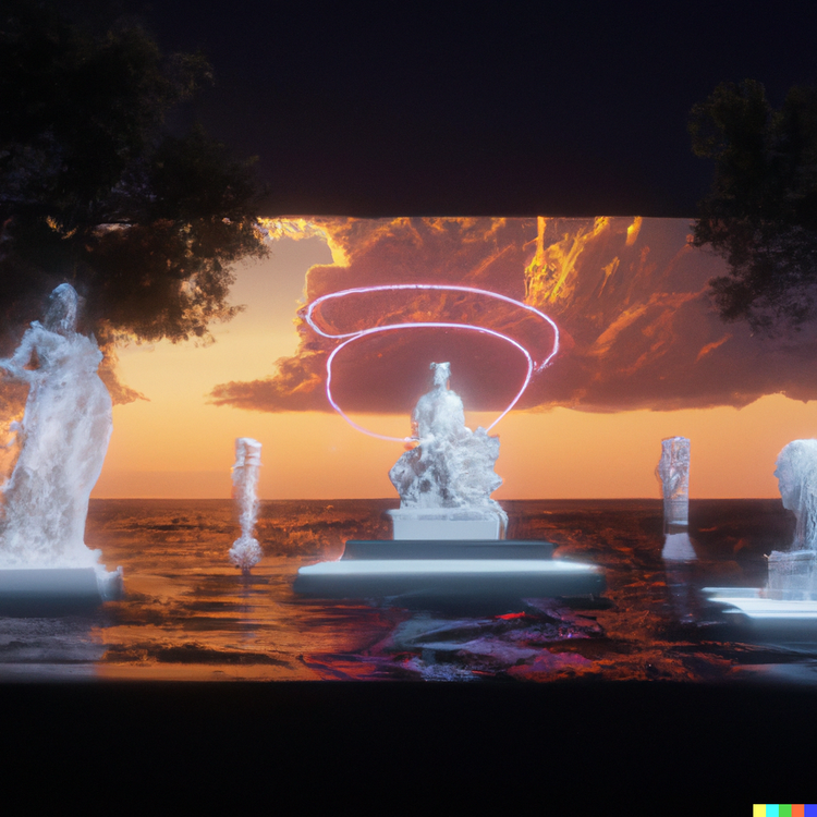 DALL·E+2023-04-18+12.06.53+-+3d+render+an+art+exhibit+with+colourful+video+projections,+neon+sculptures,+and+with+the+theme+of+oracles,+apocalypse,+AI,+humanity,+and+ominous+cloud.png