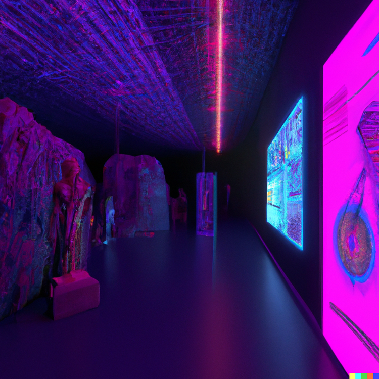 DALL·E+2023-04-18+12.05.28+-+3d+render+a+two+room+art+exhibit+with+colourful+video+projections+with+the+theme+of+oracles,+apocalypse,+AI,+humanity+.png