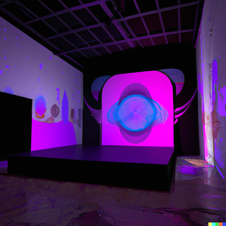 DALL·E+2023-04-18+12.04.24+-+3d+render+a+two+room+art+exhibit+with+colourful+video+projections+with+the+theme+of+oracles+of+AI+.png