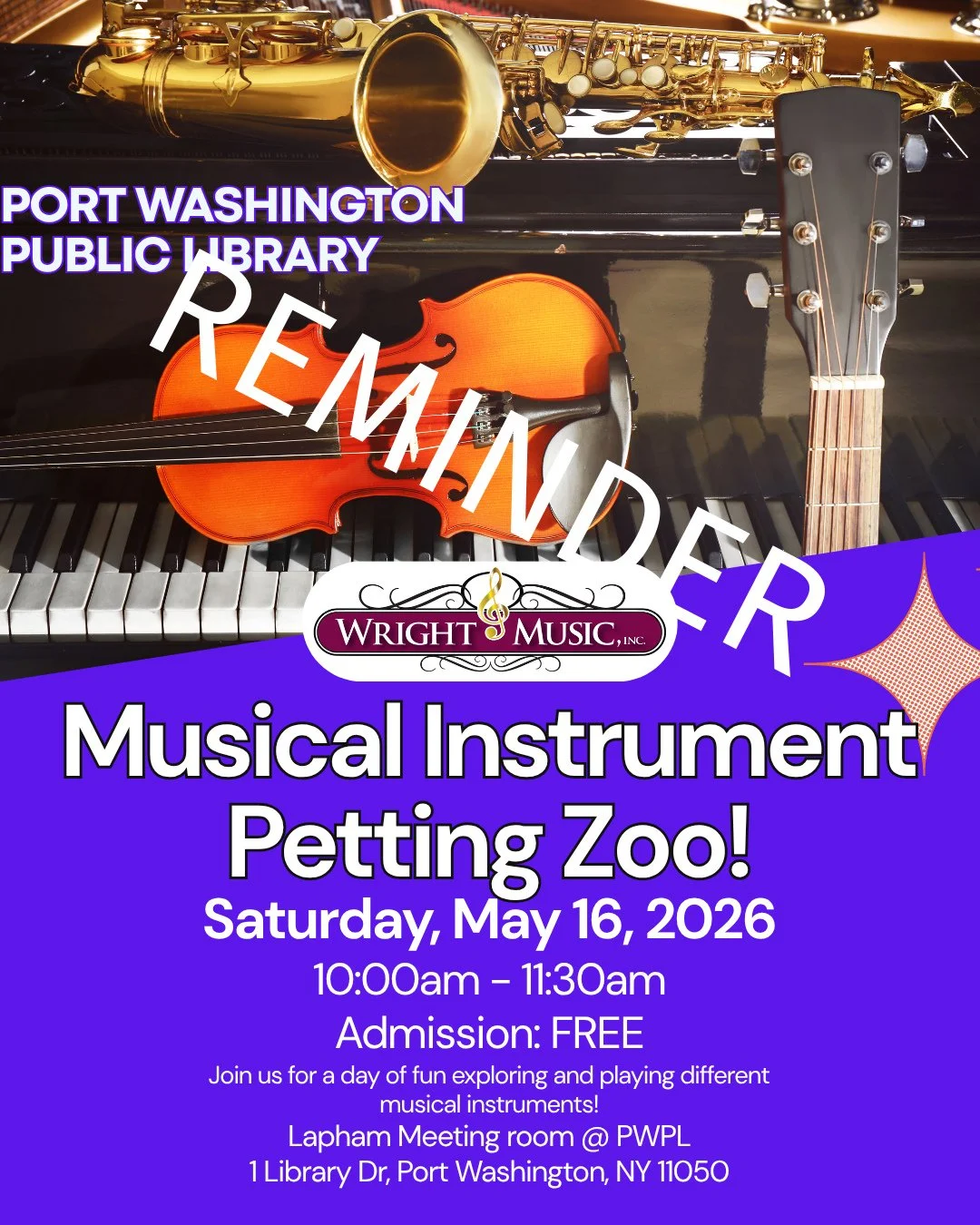 REMINDER!!⁠
~~⁠
We ARE BACK! Join us this Saturday at the Port Washington Public Library for an "Instrument Petting Zoo"! Bring the whole family and explore flutes, saxophones, trumpets, strings, and guitars by getting hands-on experience! 