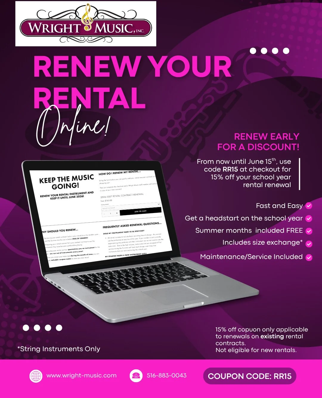 Have a rental instrument with us? RENEW EARLY for a 15% discount! Head to our website (Link in bio) and complete the rental paperwork. Use code RR15 at checkout for 15% off your 2026-2027 School year instrument rental! Lets keep the music going into 