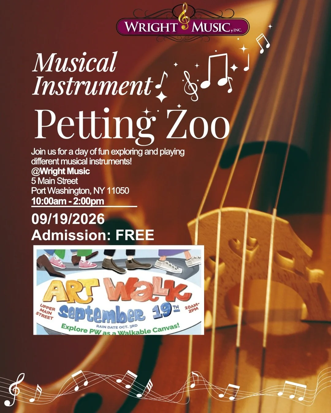 ART WALK PETTING ZOO! 
We're proud to be an official #ArtWalkPW 2026 Merchant Stop!
Come by on 9/19 and try out different musical instruments right in the shop
5 Main Street
Port Washington, NY 11050
from 10am - 2pm
As you explore port as a walkable 