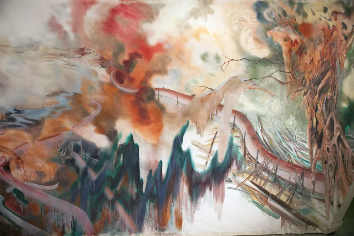 "Oleoduct" Oil and charcoal on canvas. 8 ft. X 56 ft. (irregular shape). 2013.