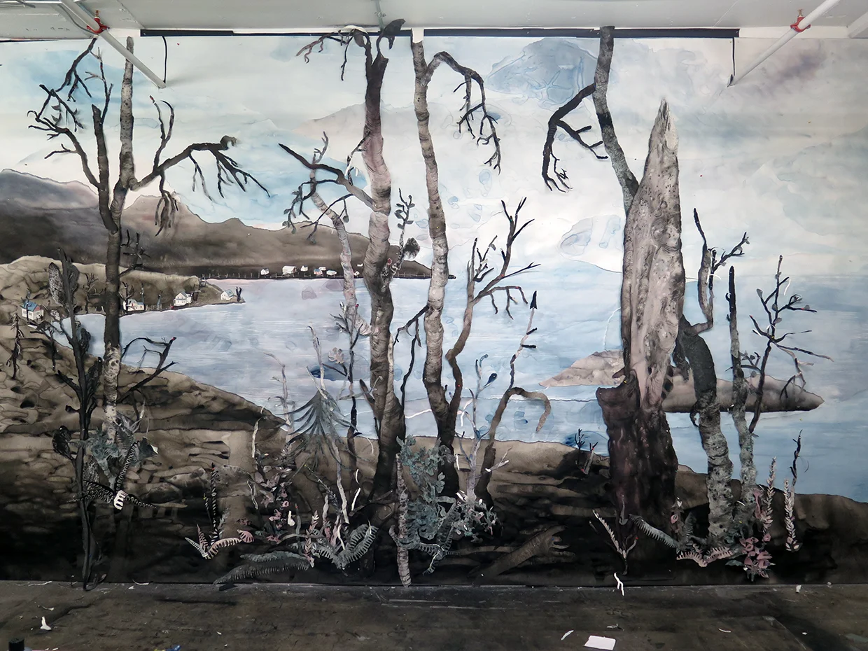 Untitled paper collage, 2014. Ink and watercolour on torn paper. Dimensions vary.