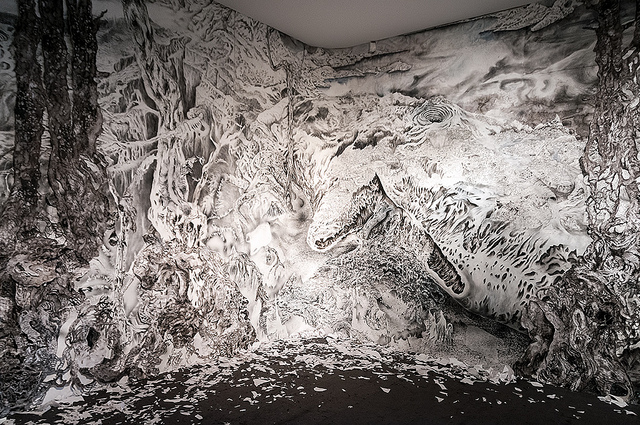 "Quagmire (Den Haag)" Ink, charcoal, graphite, gesso, watercolour and collaged paper on paper. 12' X 52'. 2013.