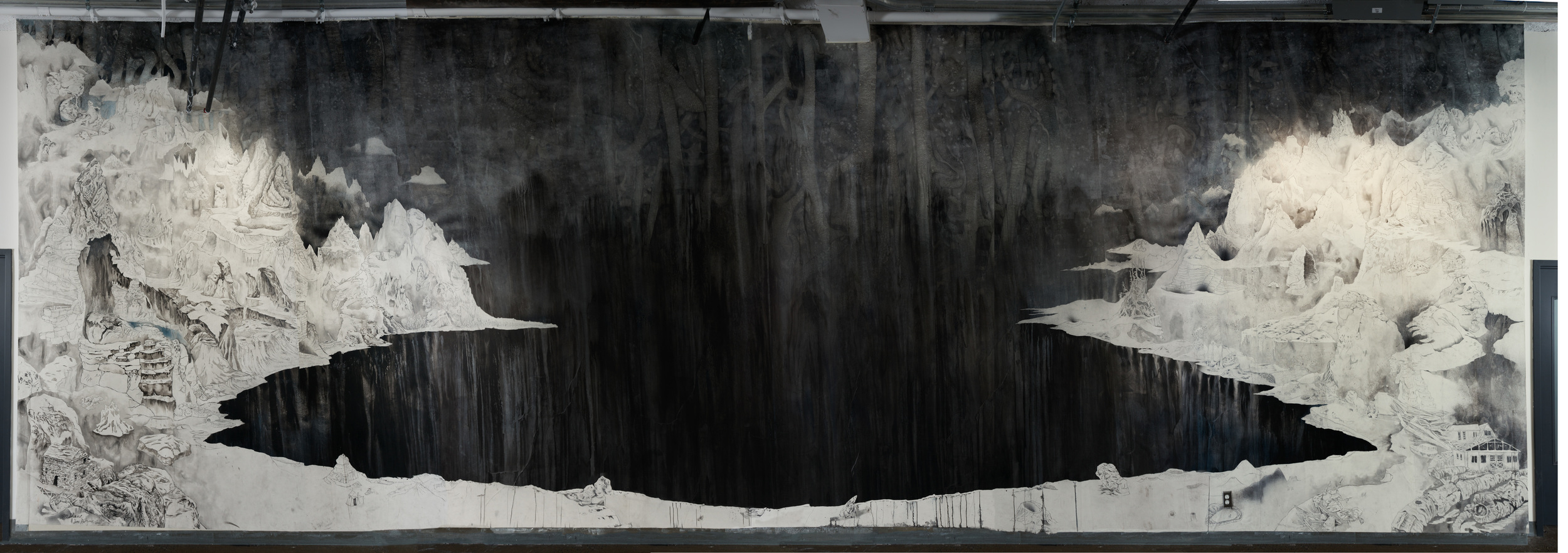 A Hole in the World, 2014. Ink and graphite on paper (wallpapered on corridor wall) 15 ft. X 50 ft. Photo by Paul Litherland