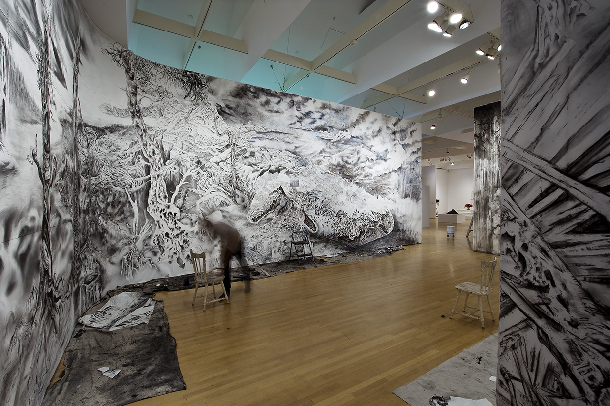 "Quagmire" Ink, charcoal, graphite, gesso and watercolour on paper. 15’ X 95’. 2011. Photo documentation by Yannick Grandmont.