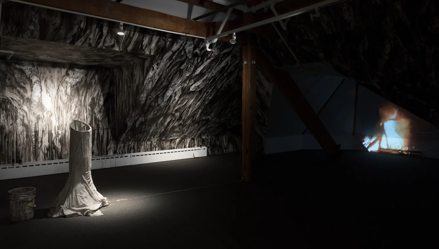 A collaborative drawing by Matt Shane and Jim Holyoak was done on the walls during our residency at Stewart Hall. Nick Kuepfer produced a sound sculpture (stalagmite), projected fire and did amplified the sounds of water dripping in a cave. 