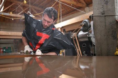   Water polishing the counters- starts with a 200 grit pad and moves through the grits to finish at 800 grit before the sealing process.  