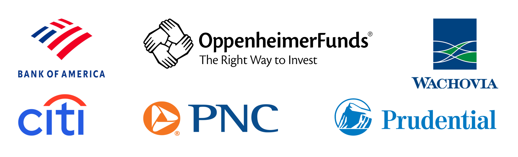 Logos for additional financial clients: Bank of America, Citi, Oppenheimer Funds, PNC, Prudential, Wachovia