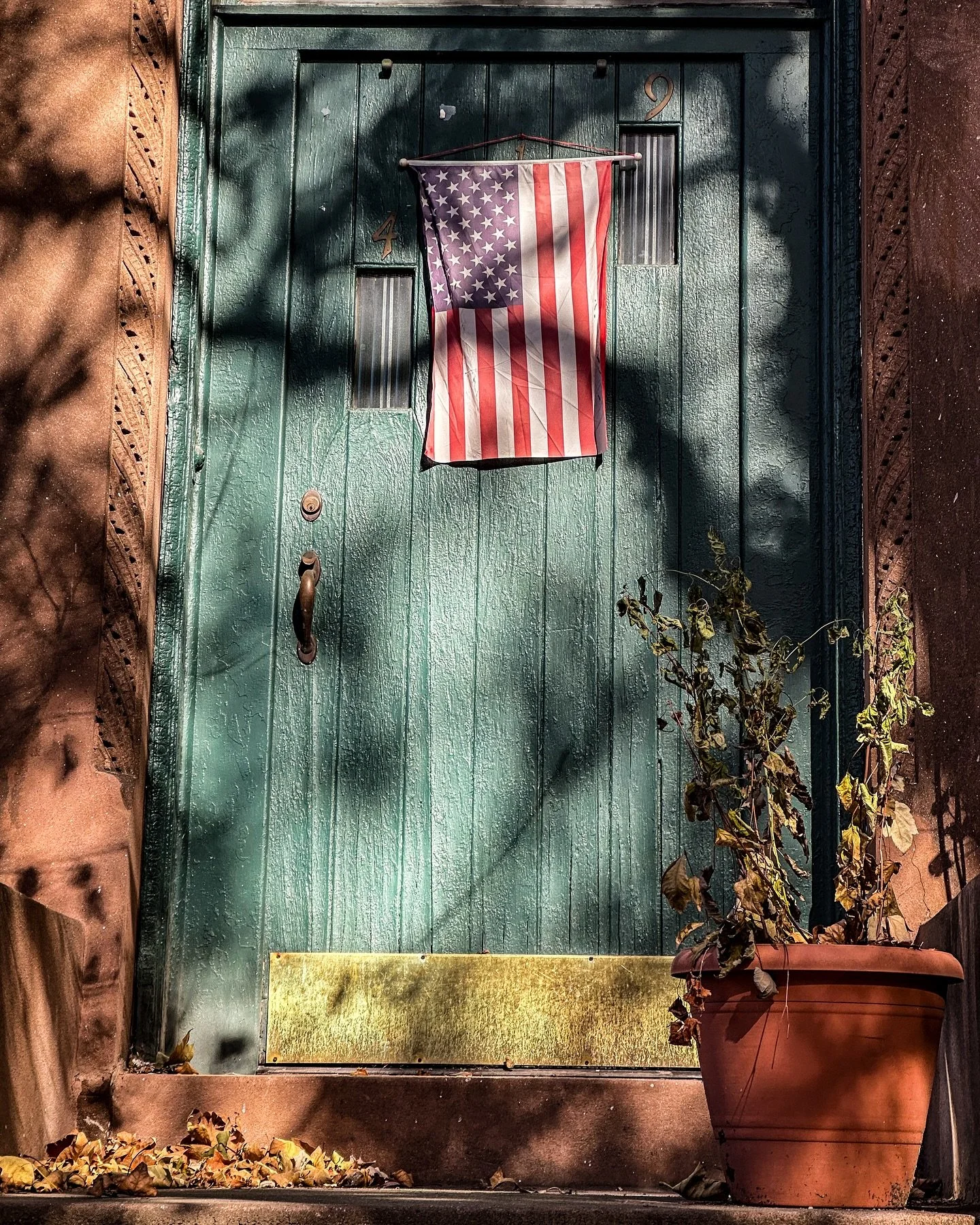 &ldquo;America is waiting for a message of some sort or another&rdquo; &ndash; Brian Eno and David Byrne, My Life in the Bush of Ghosts // Park Slope Door with Flag, Sunday, 3 November 2024