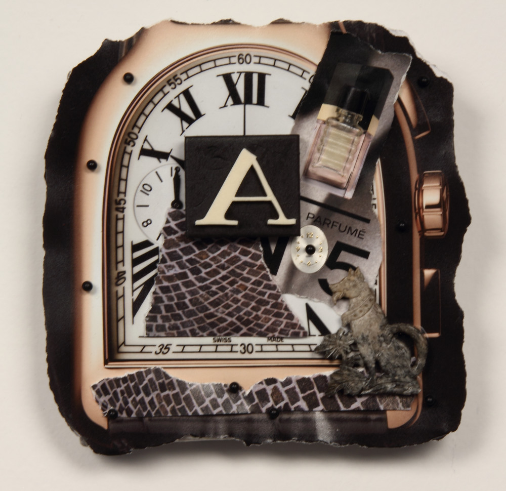 A on Watch, 8 x 8, paper and found objects